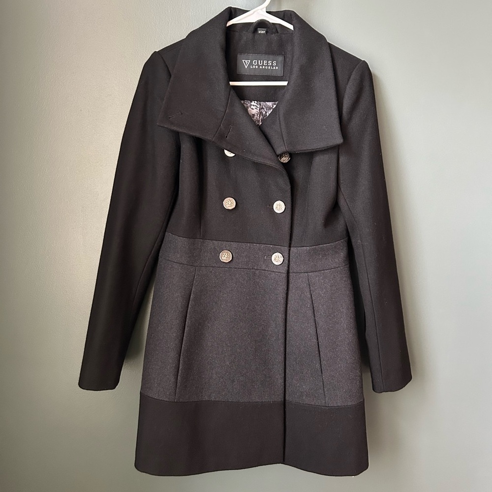 GUESS Women's S Wool Double Breasted Black and Charcoal Gray Lined Pea Coat